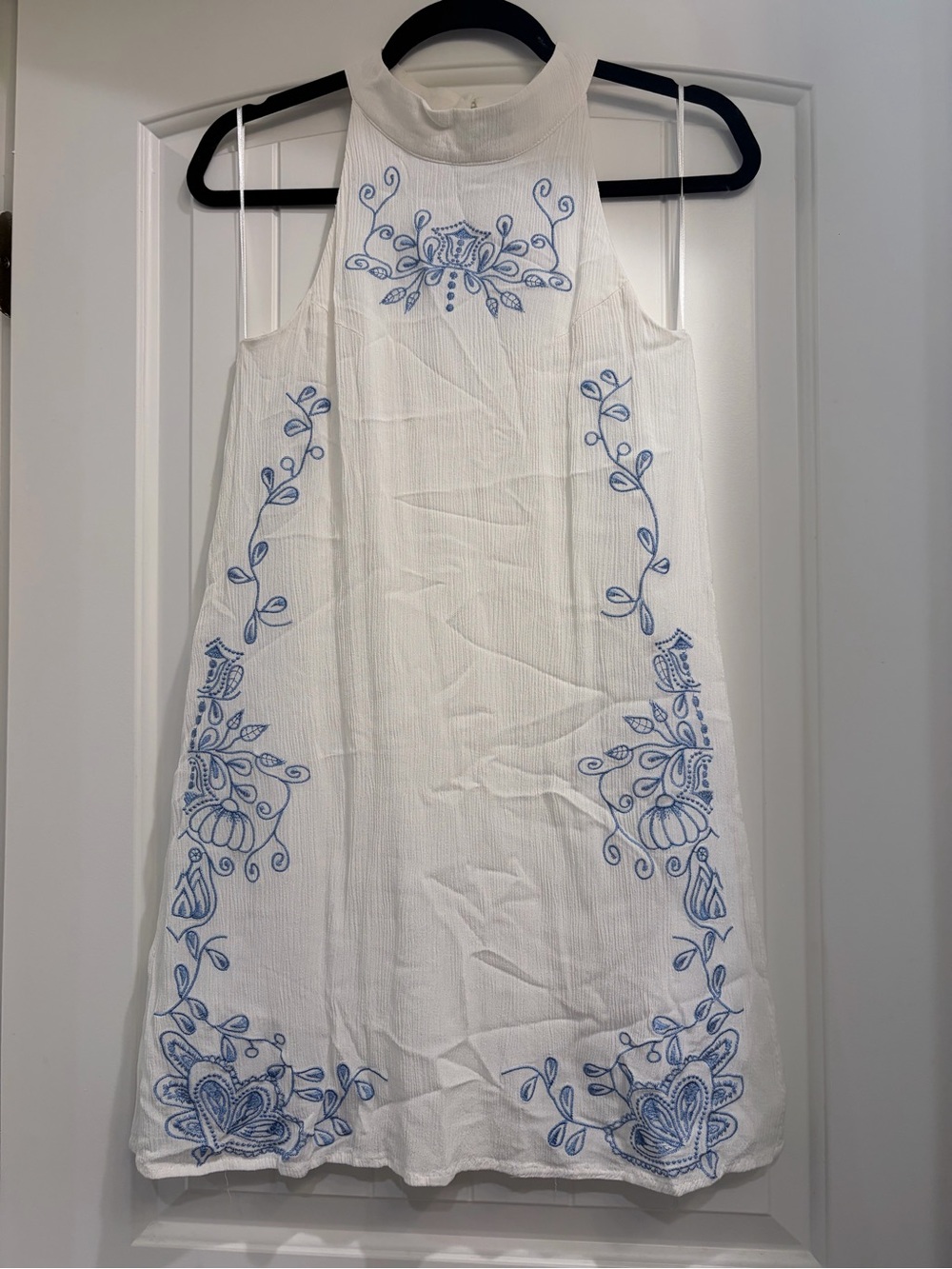 miami White Mini Dress with Blue Embroidery